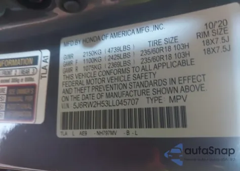 2020 Honda Cr-V Awd Ex из США, поврежденный, VIN 5J6RW2H53LL045707